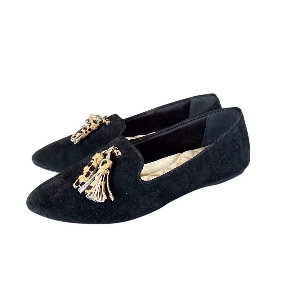 Birdies The Blackbird Flat Loafer Size 9 Black Suede Cheetah Tassel